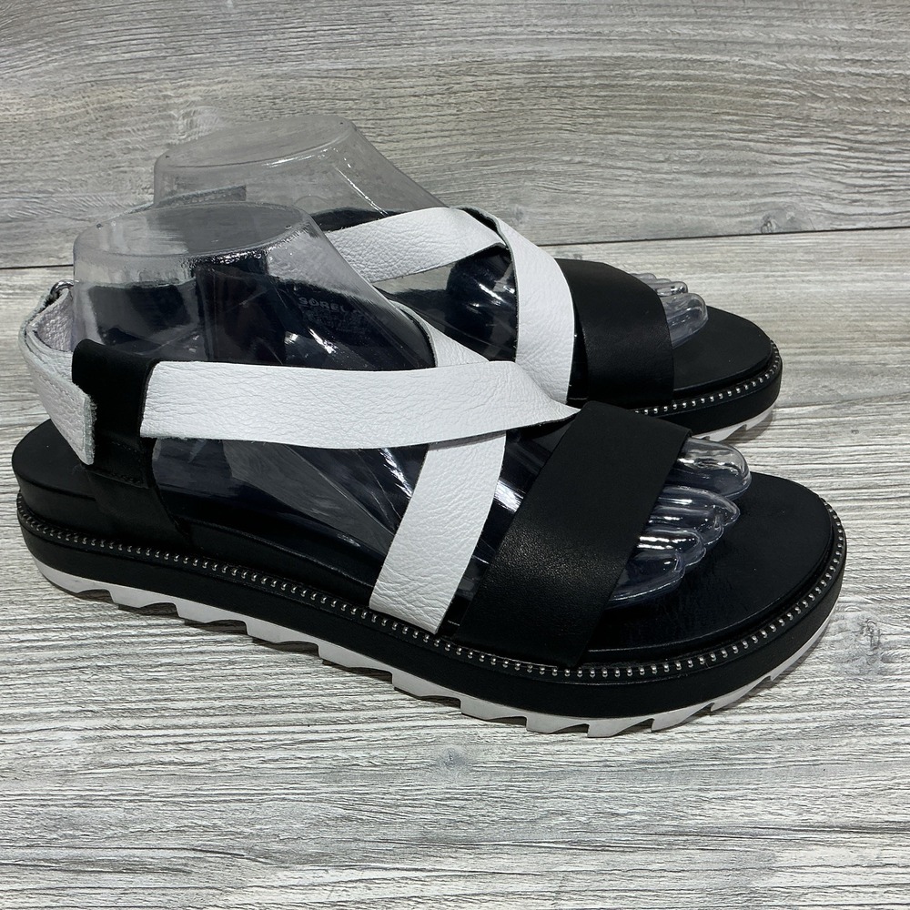 Sorel Roaming Criss Cross Strap Sea Salt Sandal Black White Women's Size 10.5
